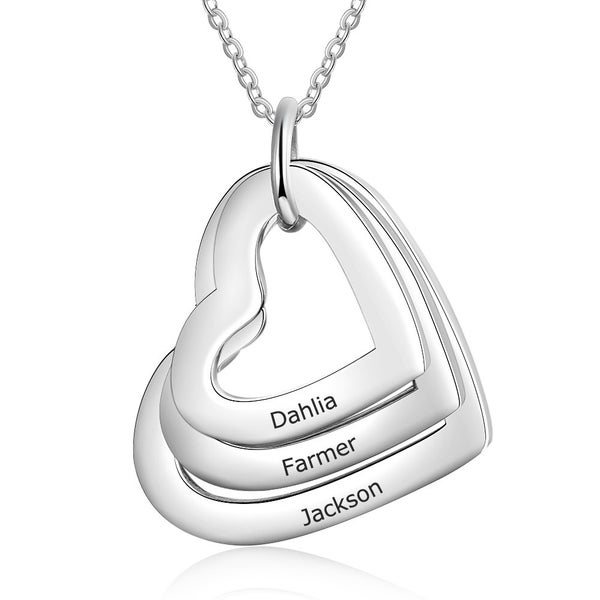 Personalised Family Necklace Triple Heart Pendant in Silver with 3 Names Carousel 1