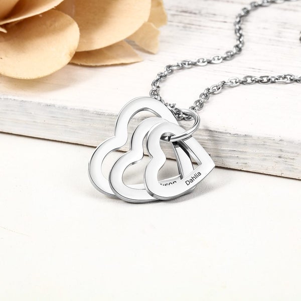 Personalised Family Necklace Triple Heart Pendant in Silver with 3 Names Carousel 2