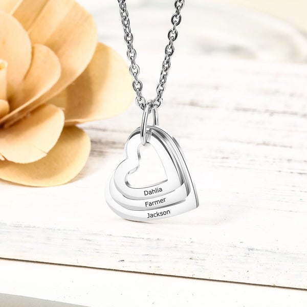 Personalised Family Necklace Triple Heart Pendant in Silver with 3 Names Carousel 3