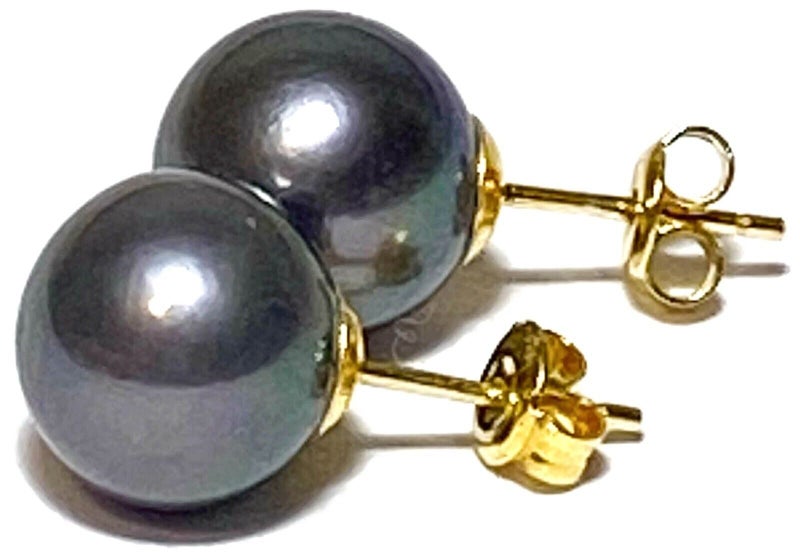 Quality 10.5 - 11mm Black Round Pearl Stud Earrings Carousel 1