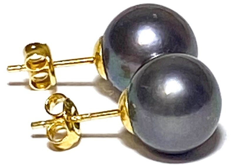 Quality 10.5 - 11mm Black Round Pearl Stud Earrings Carousel 2