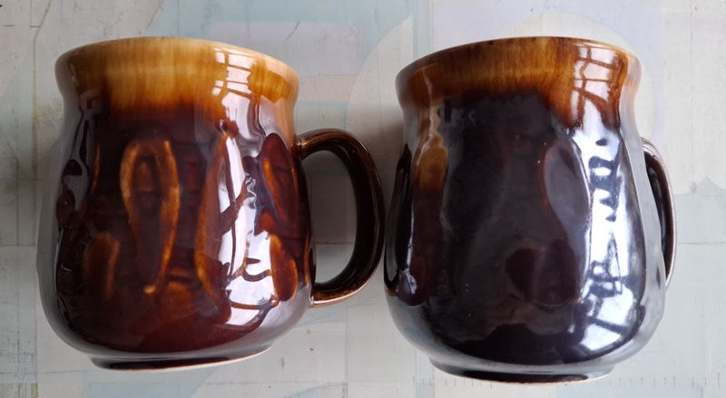 Two Crown Lynn 1160 coffee mugs - one marked 'A' on bottom Carousel 1
