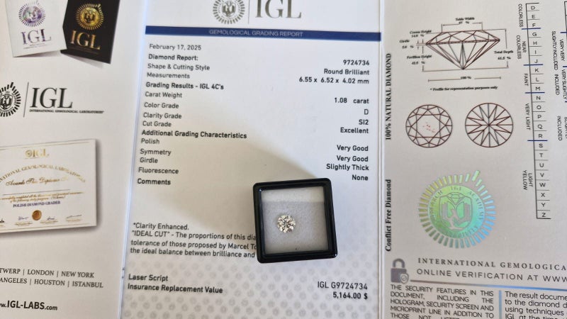 $1 RES * Valuation $8,663.00 * 1.08ct Round Large White Diamond Loose IGL CERT Carousel 2