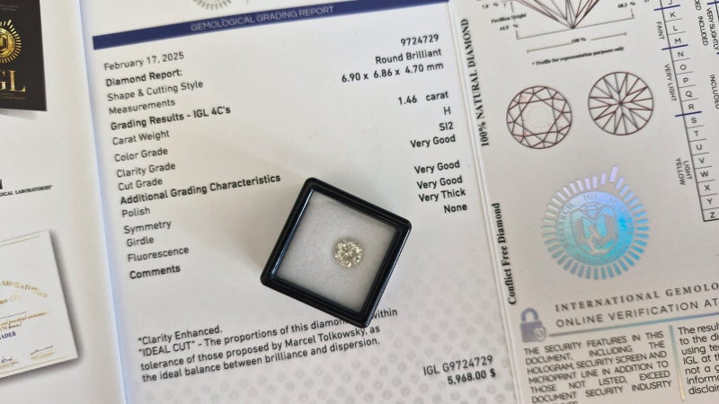 $1 RES * Valuation $10,008.00 * 1.46ct Round Large White Diamond Loose IGL CERT Carousel 1