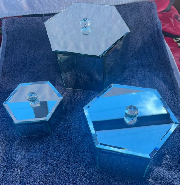 3 Hexagon Shape Glass MirrorJewellery Boxes Black Felt with Crystal Knob Handles Carousel 2