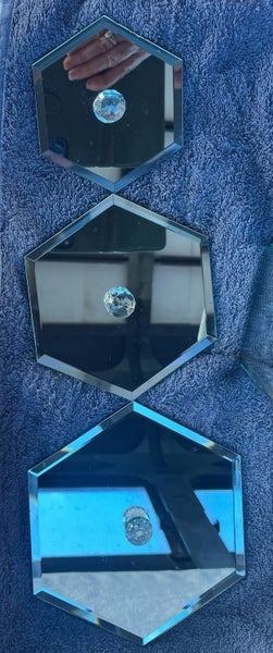 3 Hexagon Shape Glass MirrorJewellery Boxes Black Felt with Crystal Knob Handles Carousel 17