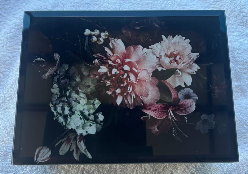 New Midnight Flowers Mirror Patterned Jewellery Box 3 x Compartments & Ring Area Carousel 1