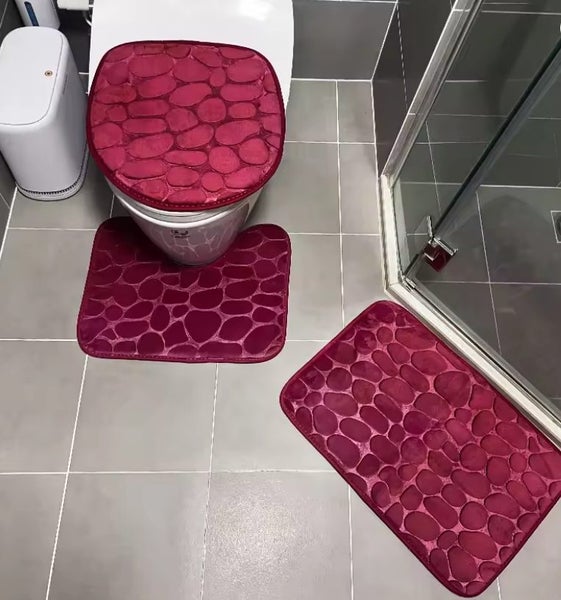 Bathroom Water-absorbing Non-slip Floor Mat Stone Pattern Carpet Set Red Carousel 1