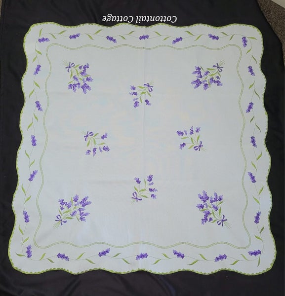 Vintage White Polyester Tablecloth Embroidered Lavender 84cm Square Carousel 2