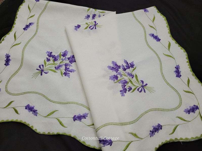 Vintage White Polyester Tablecloth Embroidered Lavender 84cm Square Carousel 1