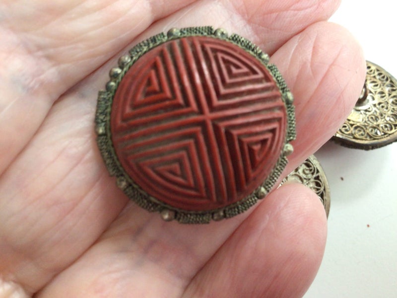 RARE Antique Victorian Chinese Cinnabar lacquer button Carousel 1
