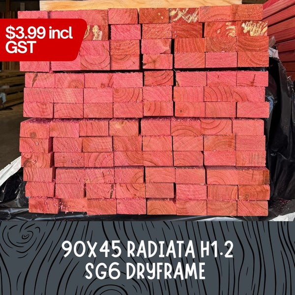 90x45mm RADIATA H1.2 P/G FRAMING TIMBER SG6 DRY PRICE SMASH. Carousel 1