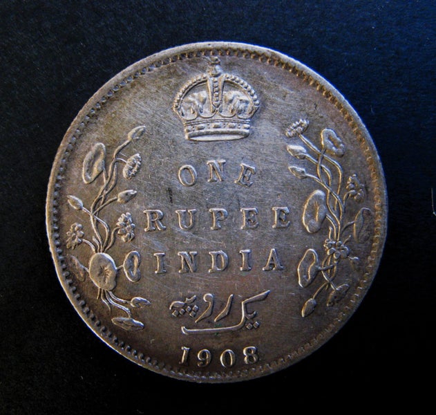 1908 INDIA - ONE RUPEE. EDWARD V11. .917 SILVER. 30.5mm DIA. BRITISH -INDIA Carousel 1