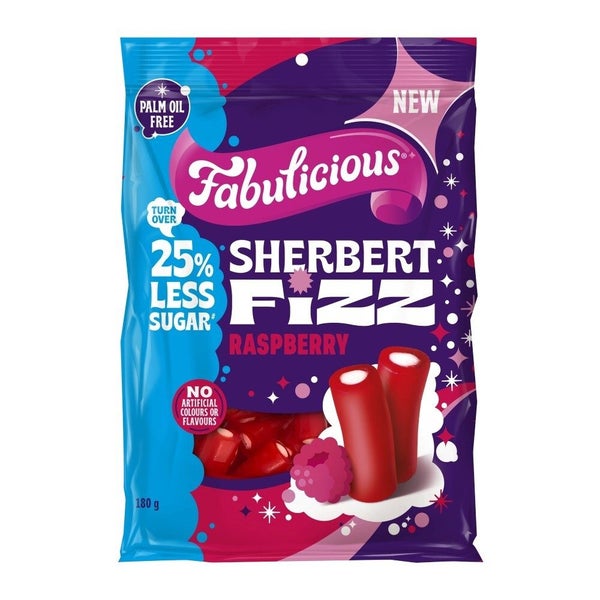 RJ's Fabulicious Sherbert Fizz Raspberry (25% Reduced Sugar) 180g (12 Pack) Carousel 2