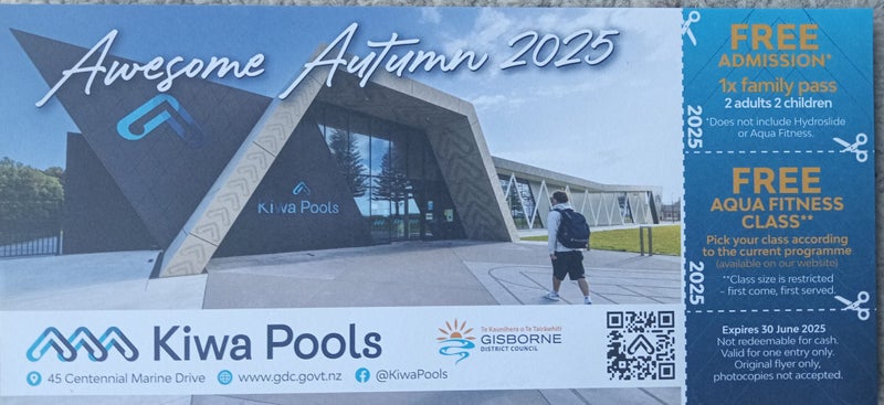 Gisborne Kiwa Olympic Pools Family Pass (2 adults + 2 children) & aqua fitness Carousel 1
