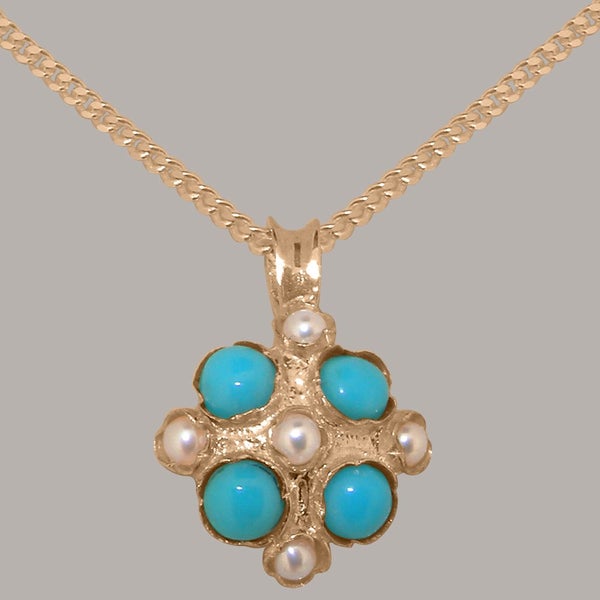 Rose Gold Pearl & Turquoise Womens Vintage Pendant - Full 18k UK Hallmark Carousel 1