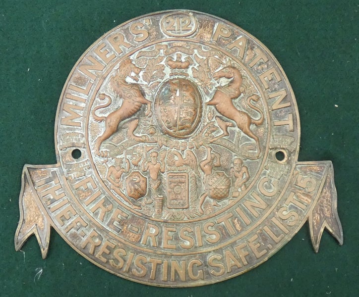 Antique Brass MILNERS' Patent FIRE & THIEF RESISTING List 5 SAFE Maker's Plaque Carousel 1