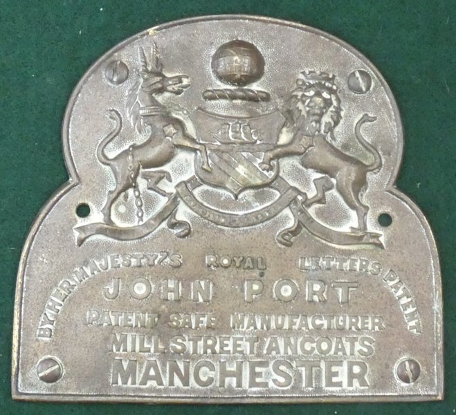 Very LARGE Antique JOHN PORT Patent MANCHESTER Safe-Maker's Brass LOGO Plaque Carousel 1