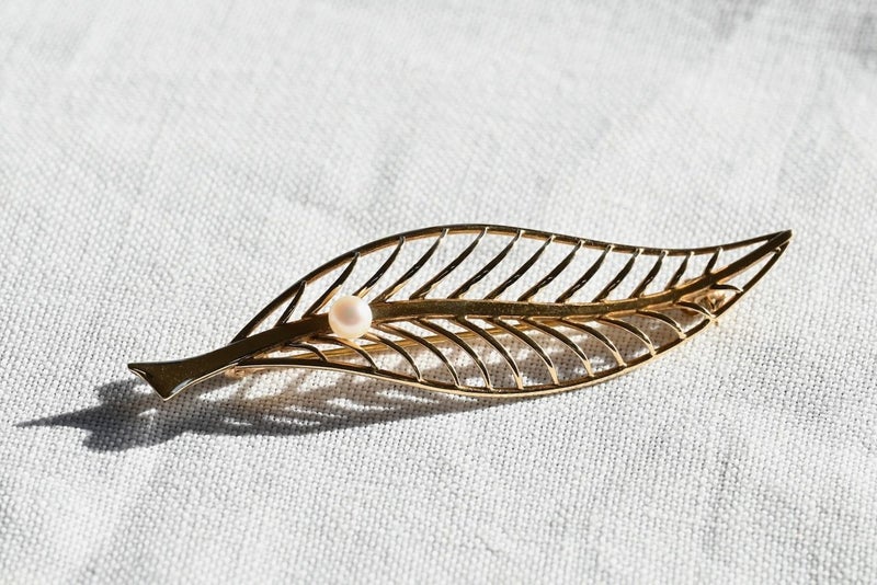 14 Carat Gold & Pearl Fern Brooch Carousel 1