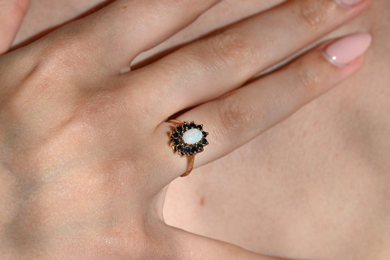 A Vintage 9 Carat Gold Opal & Sapphire Oval Cluster Ring (1973) Carousel 10