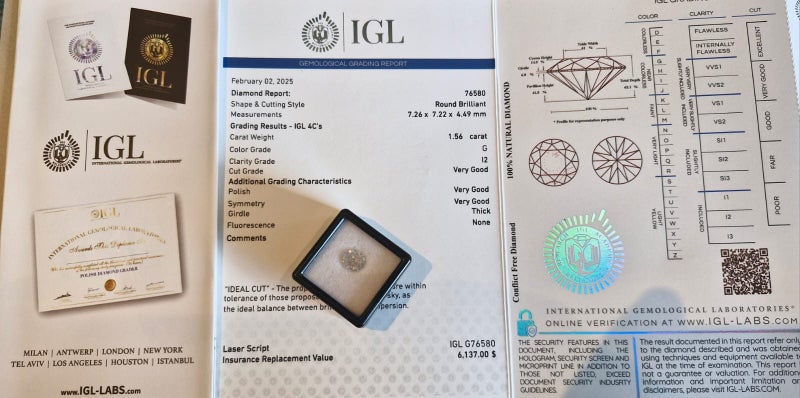 $1 RES * Valuation $10,327.00 * 1.56ct Round Large White Diamond Loose IGL CERT Carousel 1