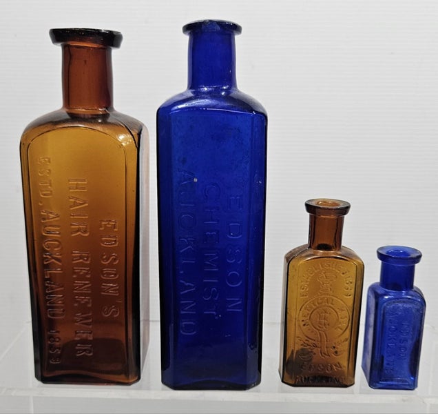 4 x Edson Auckland coloured glass chemist bottles Carousel 1