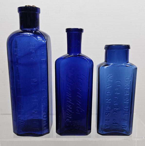 3 x old cobalt blue glass pharmaceutical bottles Carousel 1