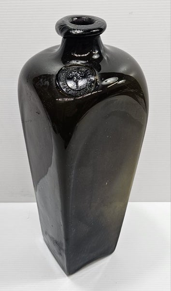 1800's square black glass pig snout sealed gin bottle Carousel 1