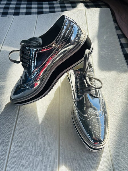 Prada Metallic Silver Leather Wingtip Brogue platform sneakers for women Carousel 2