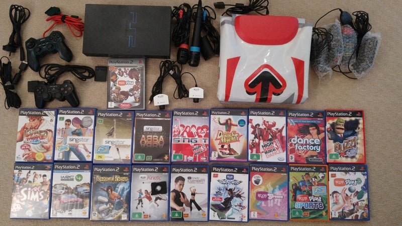 PS2 Playstation 2 Bundle, Dance Mat, Eye Toy plus lens, Microphones, Buzz, Games Carousel 1