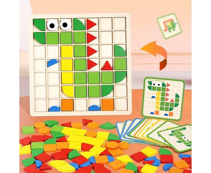 120pcs/set Wooden Mosaic Puzzle Toy, Kids' Wooden 3D Geometric Shape Jigsaw Carousel 1