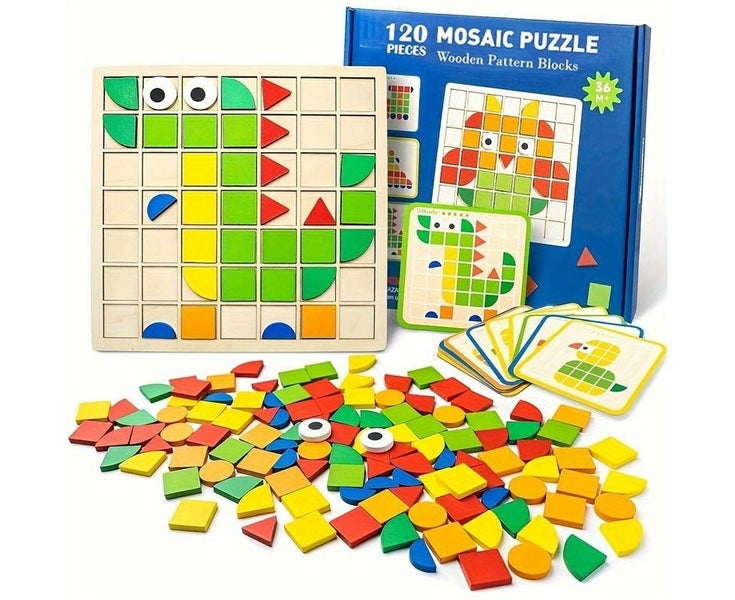 120pcs/set Wooden Mosaic Puzzle Toy, Kids' Wooden 3D Geometric Shape Jigsaw Carousel 2