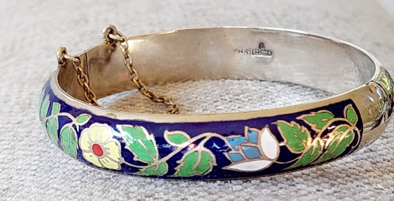 OLD SILVER and ENAMEL EXQUISITELY DESIGNED BANGLE or BRACELET with SAFETY CHAIN Carousel 1