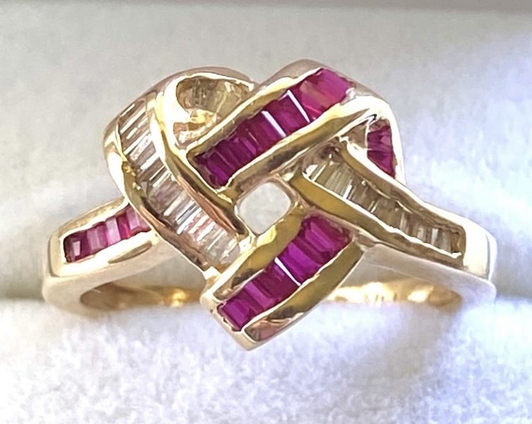 Vintage 14 Kt Yellow Gold Knot Style Ring 16 Baguette cut Rubies/ Diamond Ring Carousel 1