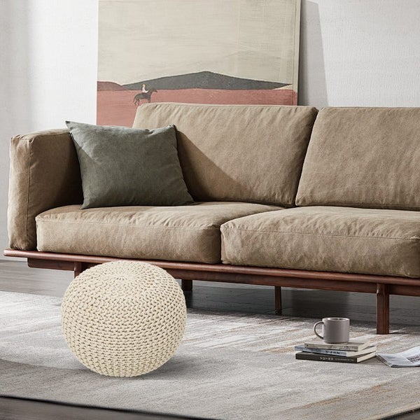 COMFEYA Premium Cotton Round Foot Stool - Beige Carousel 5