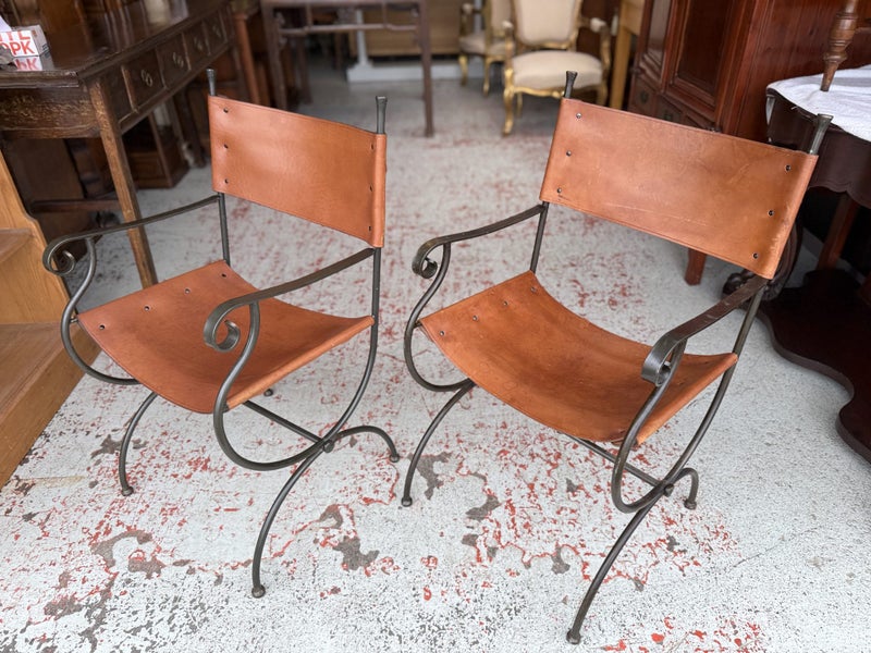 Quality PAIR American Made Wrought Iron Thick Hide Leather Armchairs Carousel 1