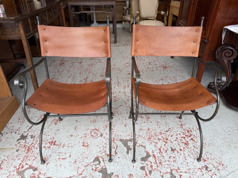 Quality PAIR American Made Wrought Iron Thick Hide Leather Armchairs Carousel 20