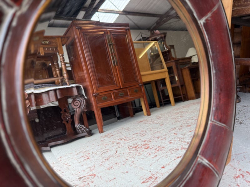 A Quality Leather and Brass Circular Brass Trimmed Beveled Edge Wall Mirror62863863710337114