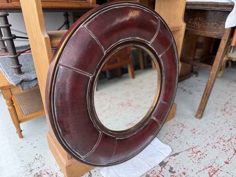 A Quality Leather and Brass Circular Brass Trimmed Beveled Edge Wall Mirror62863863710337112