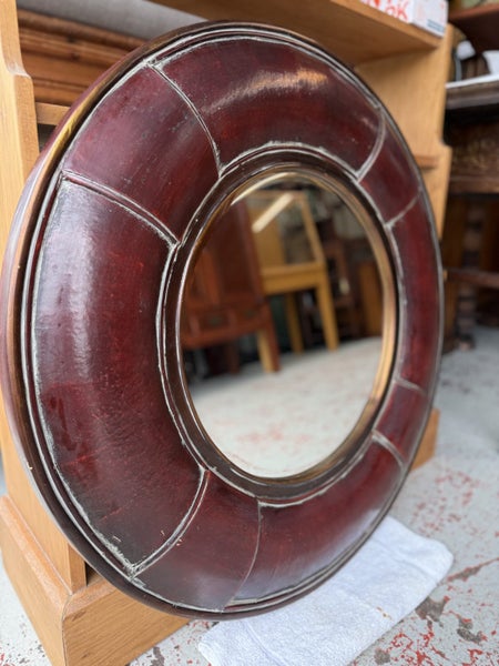 A Quality Leather and Brass Circular Brass Trimmed Beveled Edge Wall Mirror62863863710337111