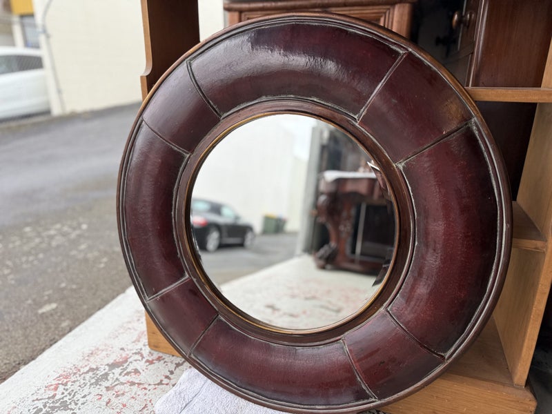A Quality Leather and Brass Circular Brass Trimmed Beveled Edge Wall Mirror62863863710337113
