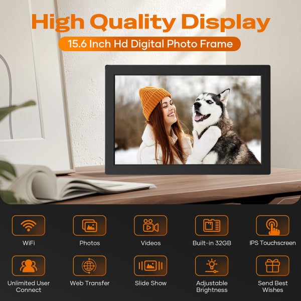 15.6Inch Digital Picture Frame WiFi 1920x1080HD IPS Touchscreen Frameo 32GB Carousel 2