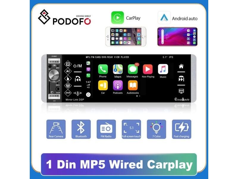 Podofo 1din MP5 Player Touch Car Radio FM 4-USB 5.1 Inches Support Android Carousel 2