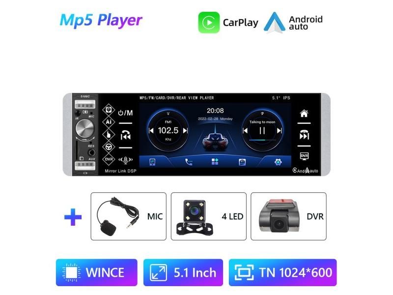 Podofo 1din MP5 Player Touch Car Radio FM 4-USB 5.1 Inches Support Android Carousel 1