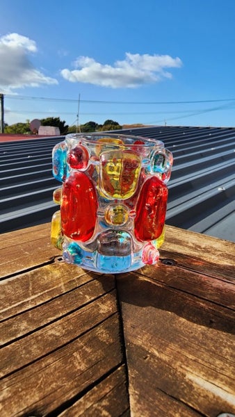 ~" Mid Century Japanese Multi Coloured Art Glass Candle Holder "~ Carousel 1