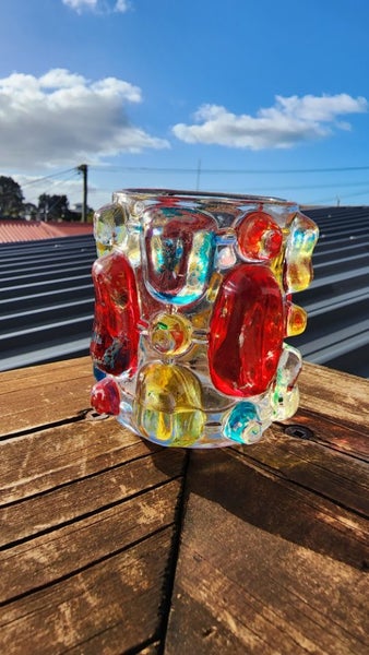 ~" Mid Century Japanese Multi Coloured Art Glass Candle Holder "~ Carousel 2