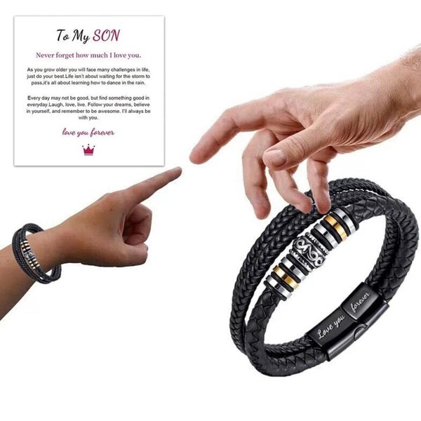 Mens To My Son Love You Forever Leather Braided Bracelet Wristband + Gift Card Carousel 2