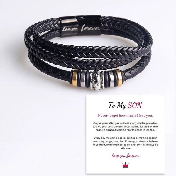 To My Son Love You Forever Leather Braided Bracelet Wristband + Gift Card Carousel 1