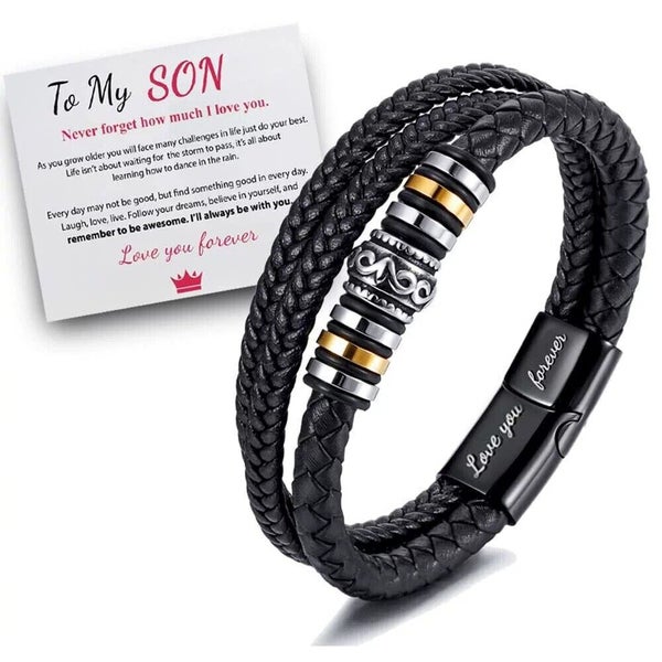 To My Son Love You Forever Leather Braided Bracelet Wristband + Gift Card Carousel 2