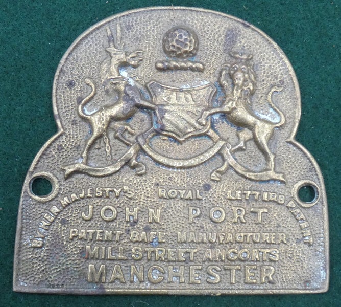 NICE Medium Antique JOHN PORT Patent MANCHESTER Safe-Maker's Brass LOGO Plaque Carousel 1
